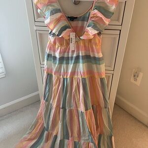 J. Crew Pastel Multi-Striped Ruffle Maxi Dress